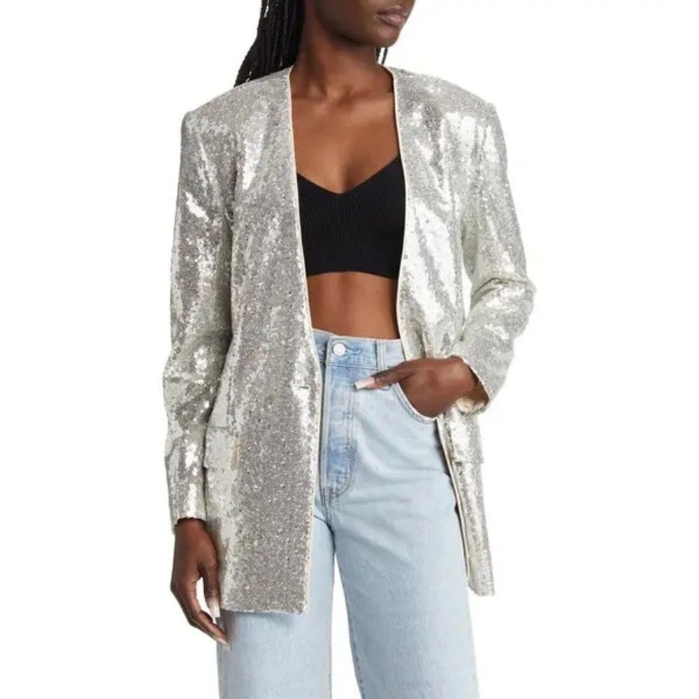 Open Edit Single Breasted Sequin Blazer | Large | Silver